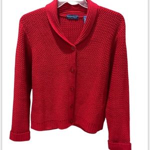 KAREN SCOTT Red knit Cardigan with front buttons and ribbed collar. Size Large.